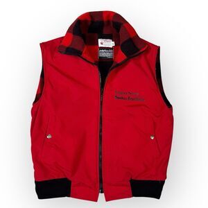 Vintage Polar Fleece Vest L Red Buffalo Plaid USA Made Workwear Union News Promo